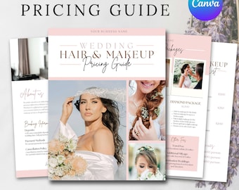 Plantilla de guía de precios de peinado y maquillaje para bodas en Canva. Lista de precios de peinado y maquillaje para novias. Folleto con hoja de precios de maquilladores y estilistas.