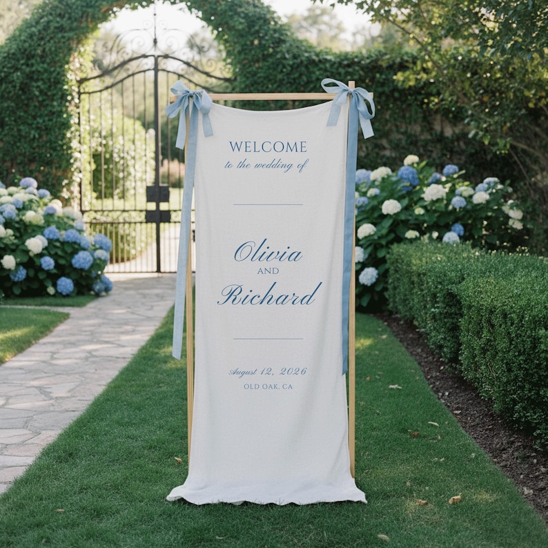 Custom Linen Wedding Banner, Personalized Wedding Welcome Sign, Rustic Engagement Party Decor, Rehearsal Dinner Reception Entrance Tapestry image 5