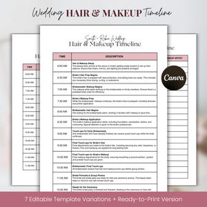 Puede incluir: Una plantilla de calendario de peinado y maquillaje de boda con un diseño rosa y blanco. El documento incluye un horario con horarios y descripciones de los servicios de peluquería y maquillaje. El logotipo de Canva es visible.