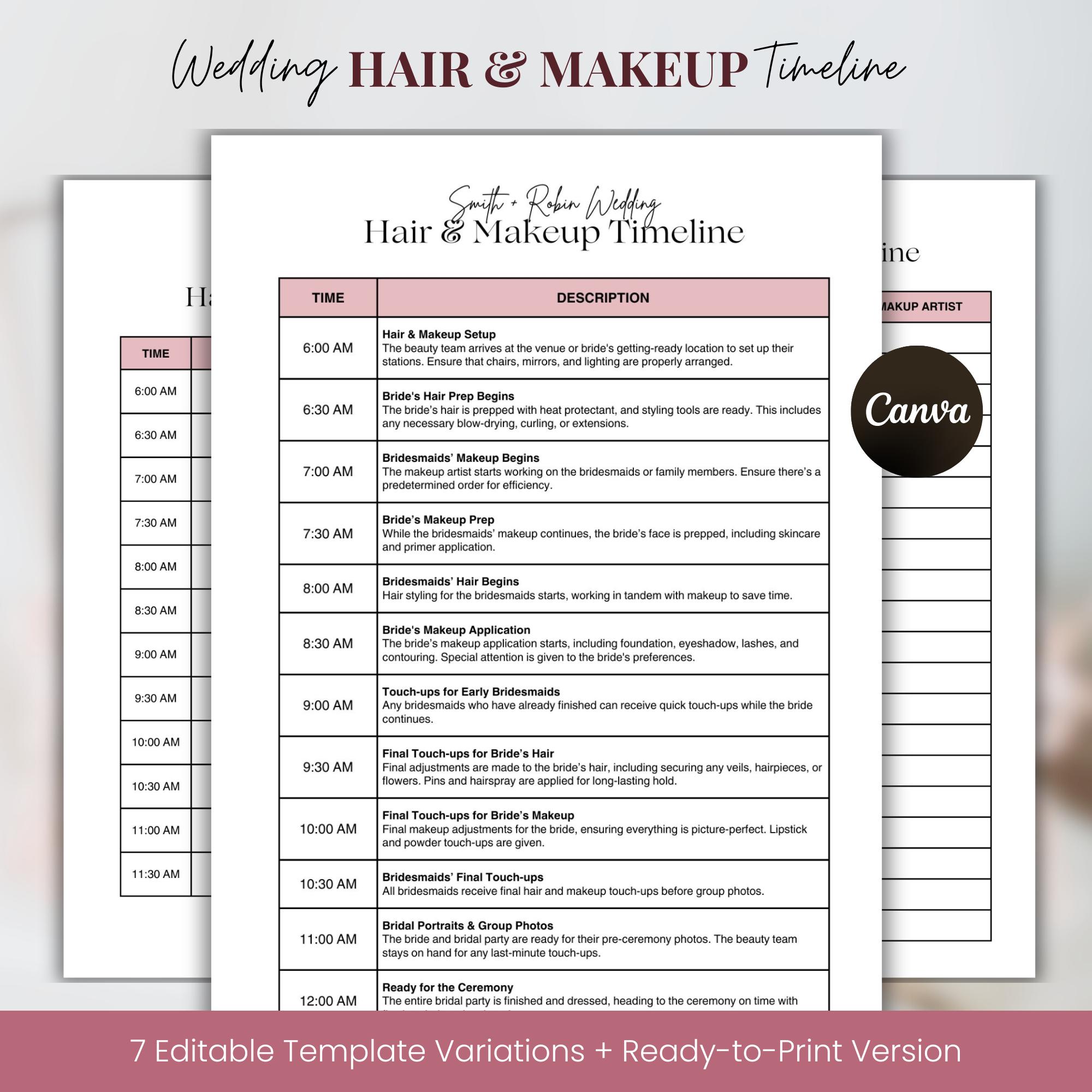 Wedding Hair and Makeup Timeline Template, Glam Team Hair Styling ...