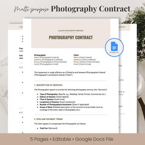 Puede incluir: Una plantilla de contrato de fotografía en formato Google Docs. El contrato incluye secciones para la información del fotógrafo y del cliente, la descripción de los servicios, las tarifas y las condiciones de pago, y una línea de firma.