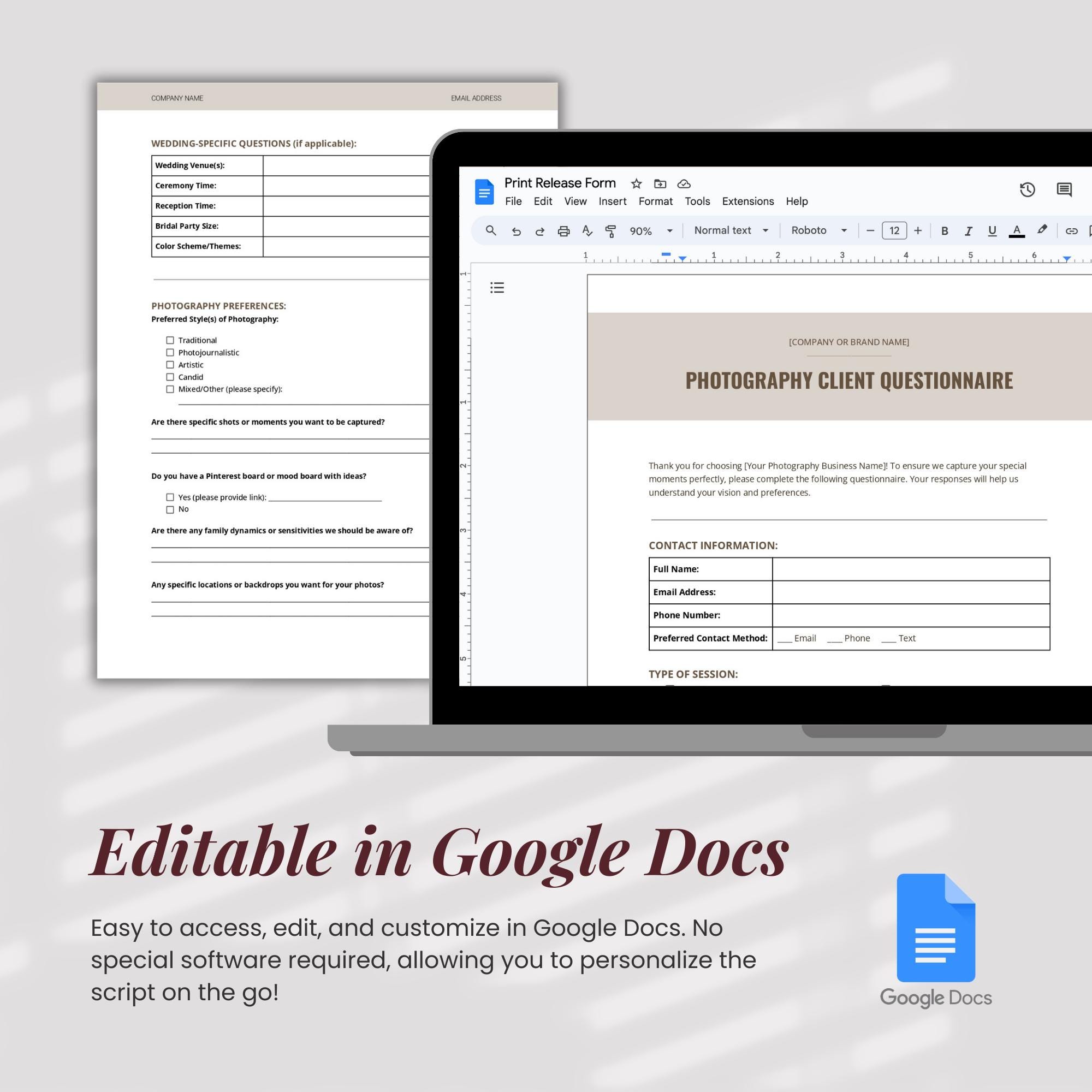 Photography Questionnaire Google Docs Template for Photographer Booking ...