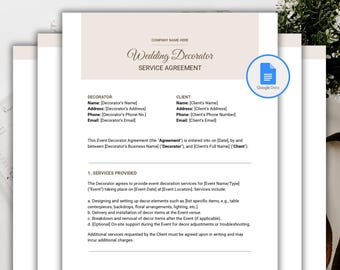 May include: A printable wedding decorator contract template in a Google Docs format. The document includes sections for the decorator and client information, services provided, and additional charges.