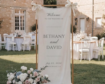 Custom Vertical Wedding Welcome Sign, Personalized Linen Banner with Names for Reception, Rehearsal Dinner, Engagement Party, Anniversary