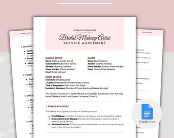 May include: A pink and white printable contract template for a bridal makeup artist. The document includes sections for payment, travel, cancellation, and services provided. The text "Bridal Makeup Artist Contract" is at the top of the page.