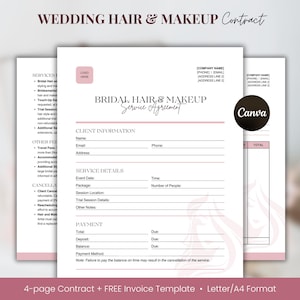 Puede incluir: Una plantilla de contrato imprimible rosa y blanca para servicios de peluquería y maquillaje de boda. El documento incluye secciones para la información del cliente, los detalles del servicio, el pago y una sección total. El texto "Bridal Hair & Makeup Service Agreement" está en la parte superior de la página.