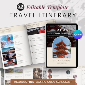 Modelo de itinerário de viagem editável, planejador de viagens para dispositivos móveis Canva, guia turístico personalizado do Japão para programação de férias em família digital para impressão