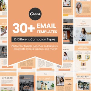 May include: A collage of images showcasing email templates for coaches, nutritionists, therapists, and fitness trainers. The images feature a variety of designs with text such as "30+ Email Templates", "10 Different Campaign Types", and "My 3-Step Framework".