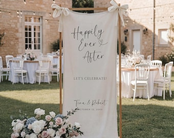 Happily Ever After Linen Wedding Welcome Sign, Custom Fairytale Wedding Banner, Rustic Reception Fabric Decor, Special Occasion Tapestry