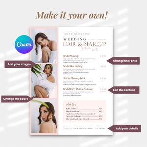 Bridal Hair & Makeup Pricing Guide Template for hairstylists and makeup artists. Fully editable in Canva with elegant design, detailed service breakdowns, and flexible pricing sections for easy updates.