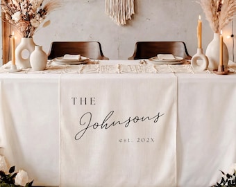 Wedding Table Runner, Custom Linen Sweetheart Table Sign, Fabric Head Table Banner with Names, Boho Reception Decor for Engagement Party