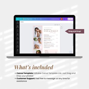 Customizable Bridal Hair & Makeup Pricing Guide for wedding beauty professionals. Tailored for hairstylists and makeup artists, this elegant Canva template is easy to edit and perfect for client presentations.