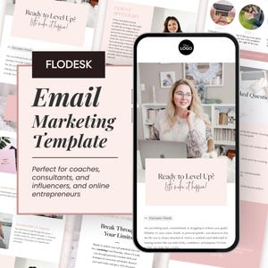 May include: A pink and white digital marketing template for coaches, consultants, and online entrepreneurs. The template features a woman with glasses smiling and looking at a laptop. The text on the template says "Ready to Level Up? Let's make it happen!" and "Email Marketing Template".