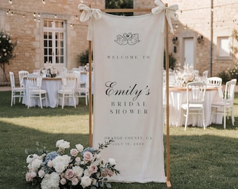 Custom Linen Bridal Shower Banner, Personalized Vertical Bachelorette Party Fabric Welcome Sign, Rustic Outdoor Engagement Party Decor