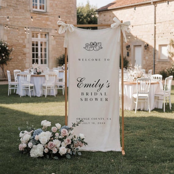Custom Linen Bridal Shower Banner, Personalized Vertical Bachelorette Party Fabric Welcome Sign, Rustic Outdoor Engagement Party Decor