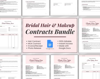 Pode incluir: Um pacote de contratos imprimíveis rosa e branco para artistas de cabelo e maquiagem de casamento. O pacote inclui um contrato de cabelo, um contrato de artista de maquiagem, uma fatura/recibo e uma autorização de foto. Os contratos são 100% editáveis e podem ser feitos com o Google Docs.