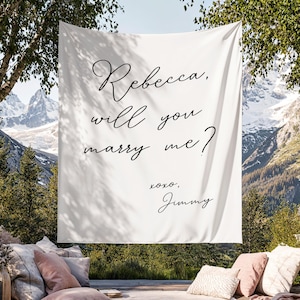 Zal je met me trouwen banner, aangepast wandtapijt bruiloft voorstel, gepersonaliseerde minimalistische verlovingsfeest achtergrond, bord witte vrijgezellenfeest