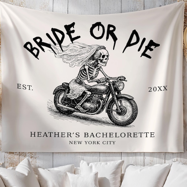 Halloweenn Bridal Shower Banner, Custom Skeleton Bachelorette Party Tapestry, Black Engagement Welcome Sign, Biker Bach Party Fabric Decor