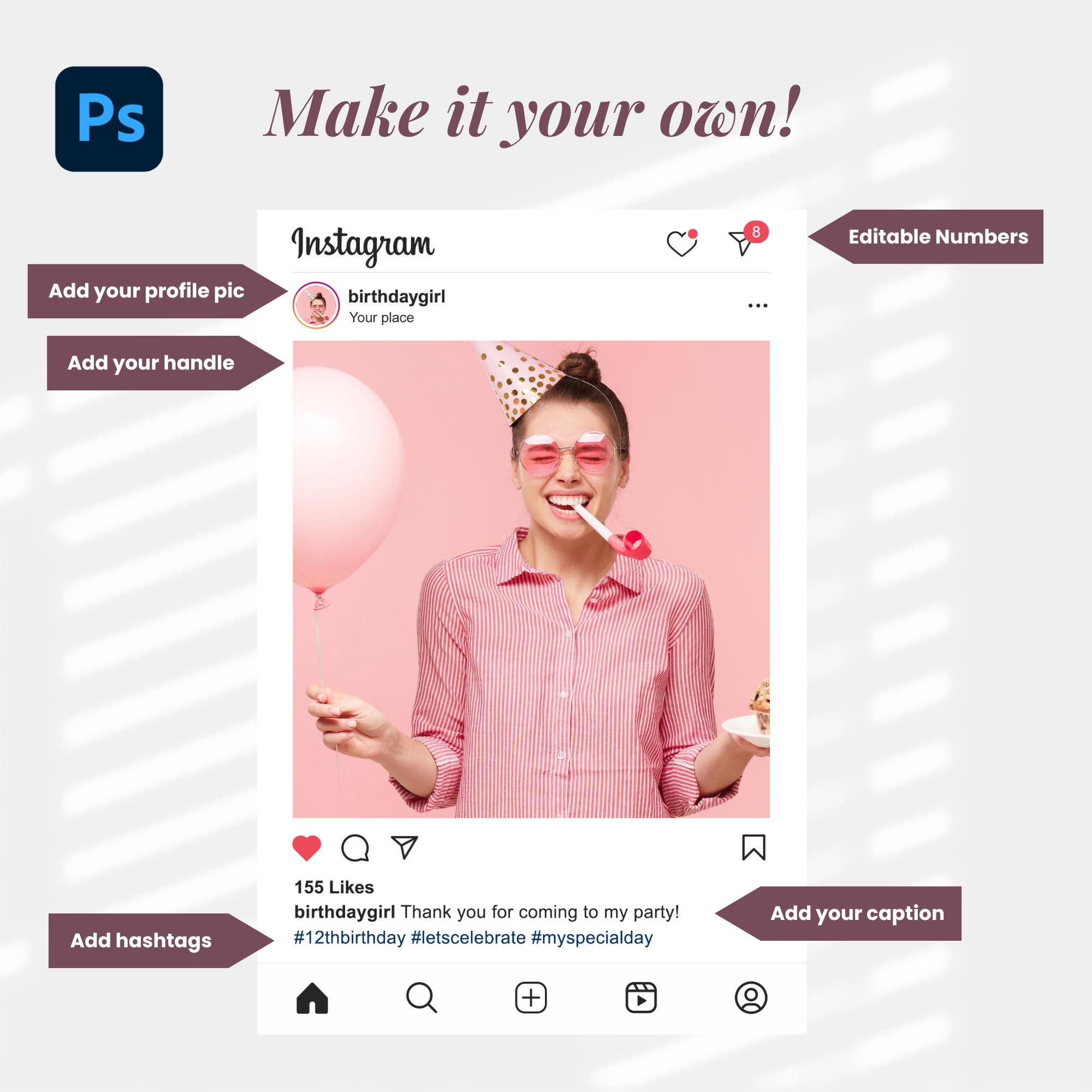 Instagram Photobooth Prop Template, Instagram Photo Booth Photoshop Template, Editable IG Prop ...