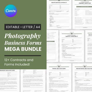 May include: A collection of printable photography business forms, including a photo booth contract, priority shot list, wedding photography service agreement, property release form, model release form, and minor model release form. The forms are editable and available in letter and A4 sizes.