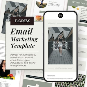 Op de afbeelding: Het scherm van een mobiele telefoon waarop een e-mailmarketingtemplate wordt weergegeven voor gezondheidscoaches en online ondernemers. De sjabloon toont een vrouw die op een houten loopbrug rent met de tekst "Klaar om je gezondheid te transformeren?" en een call-to-action om je nu in te schrijven. De e-mail bevat ook een sectie voor verhalen en een aanmeldknop.