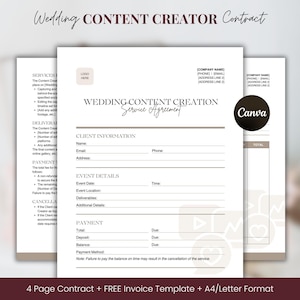 Wedding Content Creator Contract Template Canva, Wedding Content Creation Service Agreement Template, Wedding Social Media Manager Contract