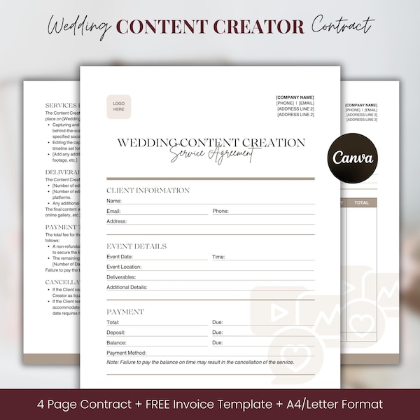 Contractsjabloon bruiloft content makers Canva, sjabloon serviceovereenkomst content maken bruiloft, contract socialmediamanager bruiloft