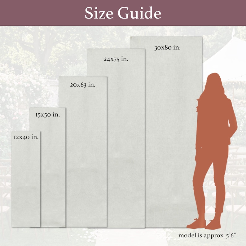 Może przedstawiać: Tabela rozmiar&oacute;w przedstawiająca pięć prostokątnych paneli o r&oacute;żnych wysokościach. Tekst brzmi Size Guide i wymienia wymiary 12x40 in., 15x50 in., 20x63 in., 24x75 in. oraz 30x80 in. Sylwetka osoby zawiera tekst model is approx. 5'6".