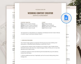 Op de afbeelding: Een sjabloon voor een contract voor een bruiloft-contentcreator in Google Docs-formaat. Het contract bevat secties voor de informatie van de contentcreator en de klant, de geleverde diensten en de betalingsvoorwaarden.