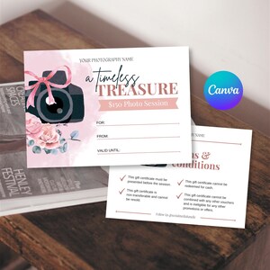 Modèle de chèque-cadeau pour séance photo Canva, carte-cadeau pour séance photo pour la photographie, modèle de bon de chèque-cadeau pour photographe modifiable imprimable