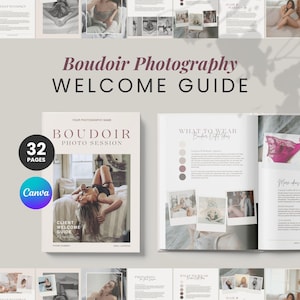 Plantilla de guía de bienvenida para fotografía boudoir en Canva, guía de estilo para sesiones de fotos boudoir, guía de precios y servicios para clientes de minisesiones boudoir