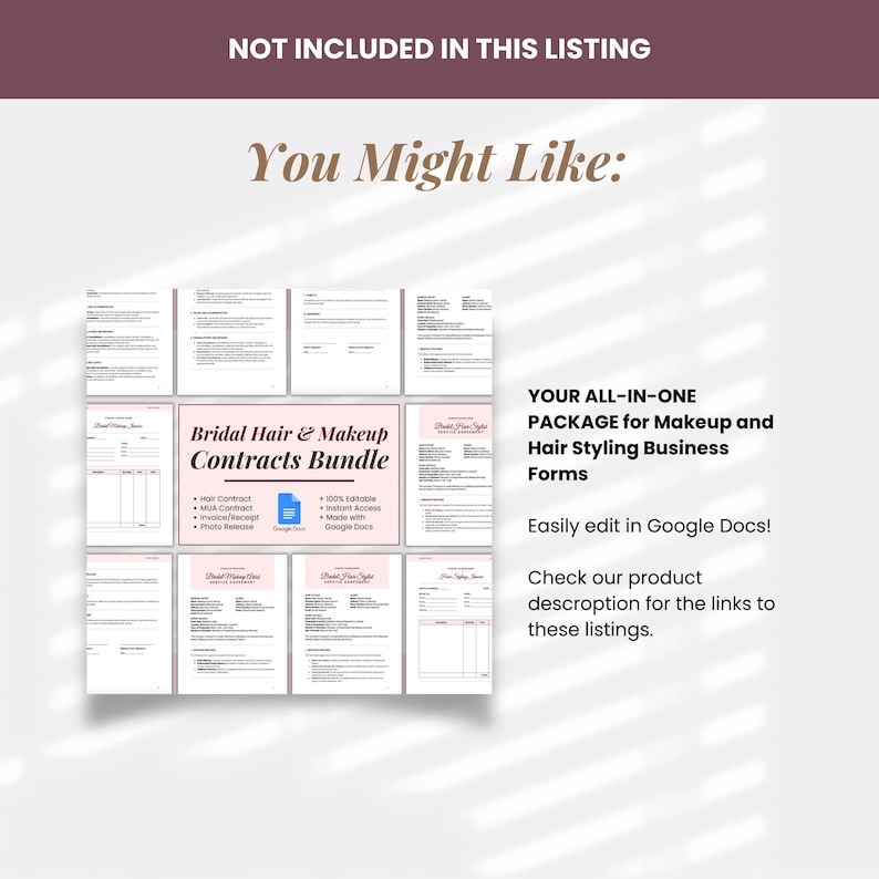 You might be interested in the Bridal Hair and Makeup Contracts Bundle by NorahPrints. Editable on Google Docs.