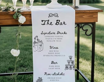 Custom Wedding Bar Banner, Personalized Boho Fabric Menu Sign for Reception, Birthday, Engagement Party, Bridal Shower, Bachelorette