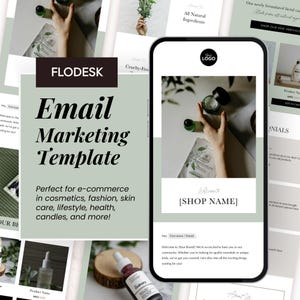 May include: A green and white email marketing template with the text "Email Marketing Template" in black. The template is designed for e-commerce businesses selling cosmetics, fashion, skin care, lifestyle, health, candles, and more. The template includes a welcome message, a shop name, and a call to action to shop new arrivals.