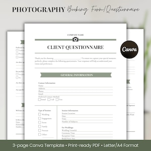 Puede incluir: Una plantilla de cuestionario de reserva de fotografía de tres páginas en un esquema de color verde claro y gris. La plantilla incluye secciones para información general, información de contacto, tipo de sesión, información de la sesión e información de la boda. La plantilla está diseñada para que los fotógrafos la utilicen al reservar clientes.
