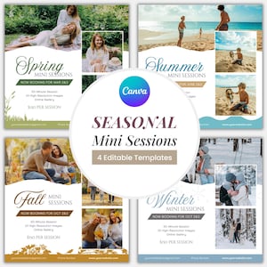 May include: Four square social media templates for seasonal mini photography sessions. Each template features a different season: spring, summer, fall, and winter. Each template includes a photo collage, text for the season, and details about the session, such as the date, duration, and price.