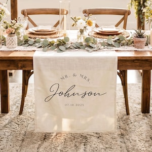 May include: A cream-colored fabric table runner featuring the black printed text MR. & MRS. Johnson and the date 07.18.202X. The runner hangs over the edge of a wooden table decorated with eucalyptus greenery, floral arrangements, and candles.