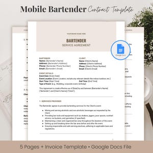 Könnte beinhalten: Ein beigefarbenes und weißes Mobile Bartender Contract Template mit dem Text "BARTENDER SERVICE AGREEMENT". Das Dokument enthält Abschnitte für Bartender- und Kundendetails, Veranstaltungsdetails und erbrachte Leistungen. Ein Google Docs-Symbol ist sichtbar.