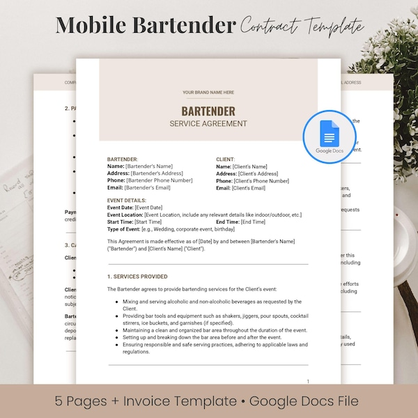Mobile Bartender Contract Template Google Docs Mobile Bar Service Agreement for Event Bartending Client Intake Form Editable Bar Contract