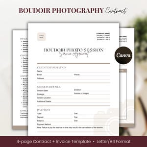 Può includere: Un modello di contratto e fattura per la fotografia boudoir stampabile in uno schema di colori bianco e marrone chiaro. Il modello include sezioni per le informazioni del cliente, i dettagli della sessione, il pagamento e un totale. Il testo "Boudoir Photo Session Service Agreement" è scritto in corsivo. Il logo Canva è visibile nell'angolo in alto a destra.