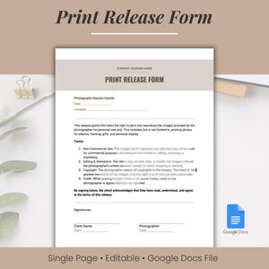 May include: A printable photography release form with a white background and black text. The form includes sections for photography session details, terms, and signatures. The form is designed for photographers to use with their clients.