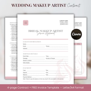 Modello di contratto per trucco sposa Canva, Contratto di servizio per truccatrice per matrimonio, Modulo di prenotazione per trucco sposa, Modulo per trucco per festa nuziale