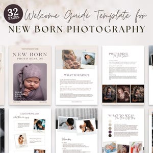 Modello di guida di benvenuto per la fotografia di neonati Canva, guida di stile pre-scritta per servizi fotografici per neonati, listino prezzi per sessioni fotografiche di fotografi di neonati