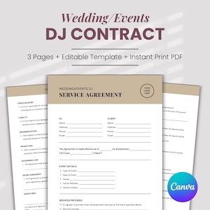 Wedding DJ Contract Template for Event DJ Contract Disc Jockey Service Agreement Editable Template for Party Business Canva Printable Sheet