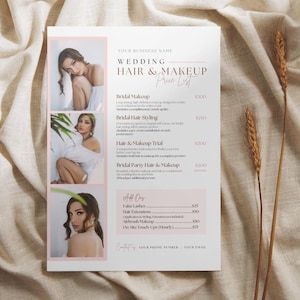 Stunning Bridal Hair & Makeup Pricing Template for hairstylists and makeup artists. Fully customizable in Canva with detailed service breakdowns. Ideal for digital or print use, tailored for wedding professionals.