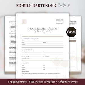Sjabloon contract mobiele barman Canva, sjabloon serviceovereenkomst trouwbar voor mobiele bartender Zakelijke formulieren Intakeformulier mobiele bar