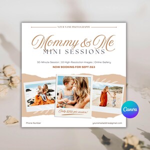 Modelo de mini-sessões para mãe e eu, modelo de mini-sessões para o Dia das Mães no Canva, modelo de ensaio fotográfico para Instagram, quadro de marketing fotográfico editável