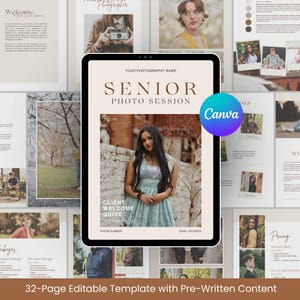 May include: A 32-page editable template for senior photo sessions. The template features a client welcome guide, pricing information, and testimonials. The cover features a photo of a young woman in a blue dress standing in front of a brick wall. The text "Senior Photo Session" is displayed in a brown box.