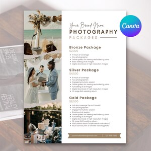 Könnte beinhalten: Eine Preisliste für Hochzeitsfotografie-Pakete mit drei Optionen: Bronze, Silber und Gold. Jedes Paket beinhaltet eine unterschiedliche Anzahl an Stunden an Coverage, Fotografen und Dienstleistungen. Die Preise betragen 2.000 €, 4.500 € und 8.500 €.