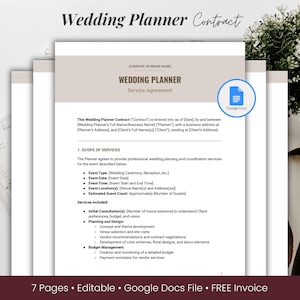 May include: A wedding planner contract template, titled "Wedding Planner Contract". The document includes sections for services and event details, with Google Docs integration. The bottom states "7 Pages • Editable • Google Docs File • FREE Invoice".